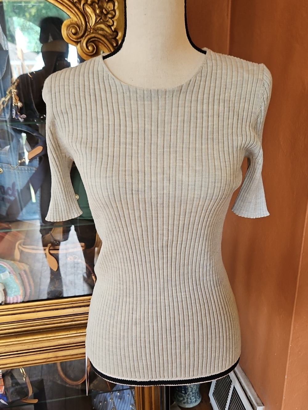 MM Lafluer Merino Wool Ribbed Knit Short Sleeve Knit Top In Glacier Size XS